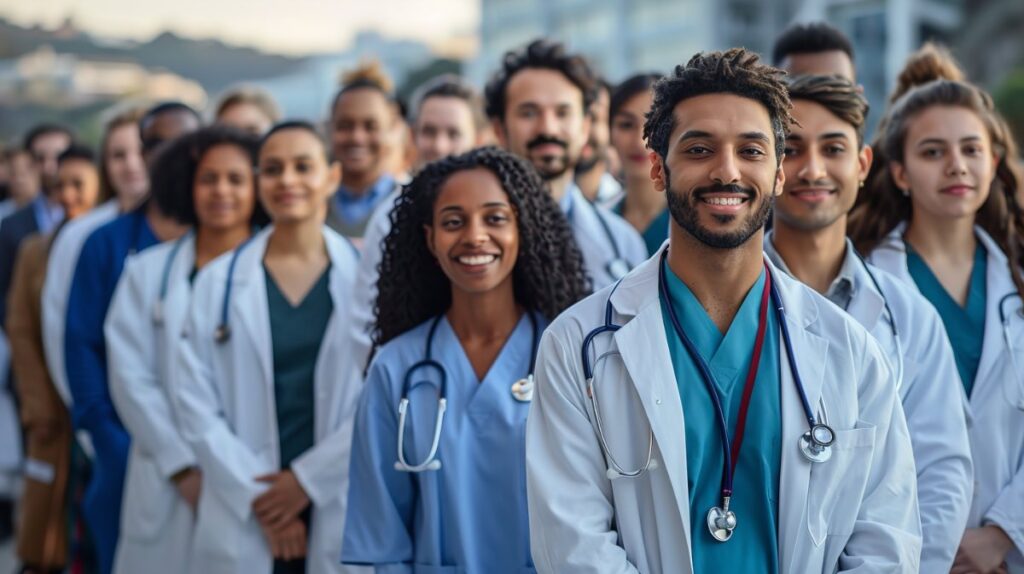 A group of diverse doctors and nurses walk in a city street. They are all wearing white coats and stethoscopes, and they are smiling and looking confident